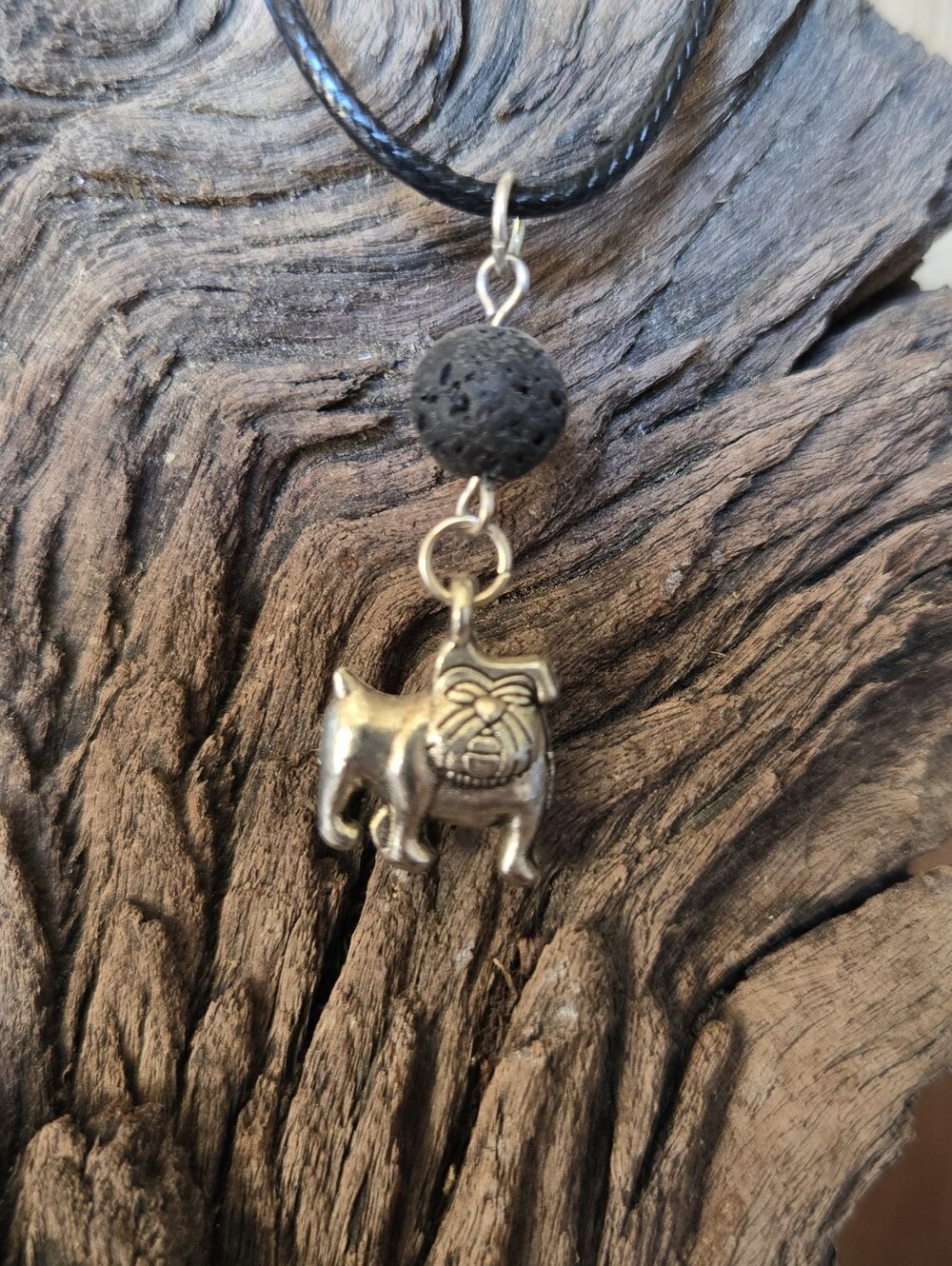 Bulldog Aromatherapy Lava Stone Diffuser Necklace on Black Cord